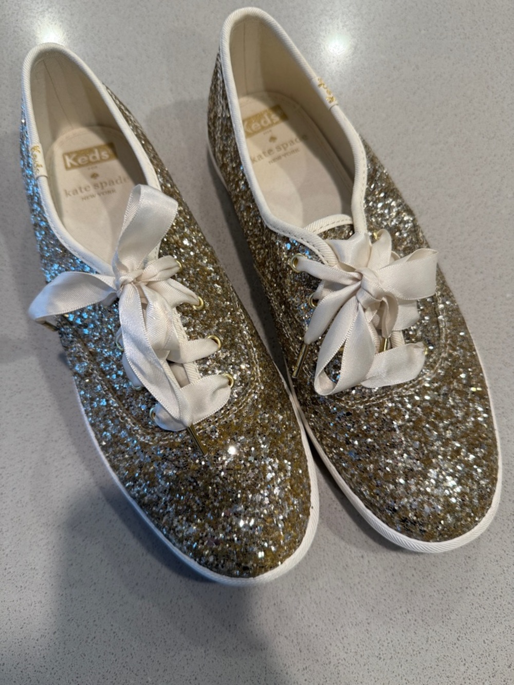 Like New Sz 8 kate spade Gold Glitter Keds Sneakers with Satin Laces